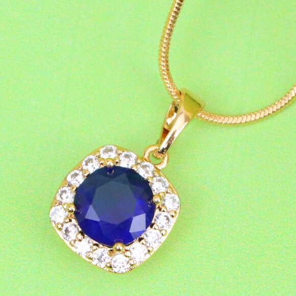 "Blue Round Stone Pendant in Gold Plated Brass with Crystal Accents, XPPT1774 - Picture 1 of 13